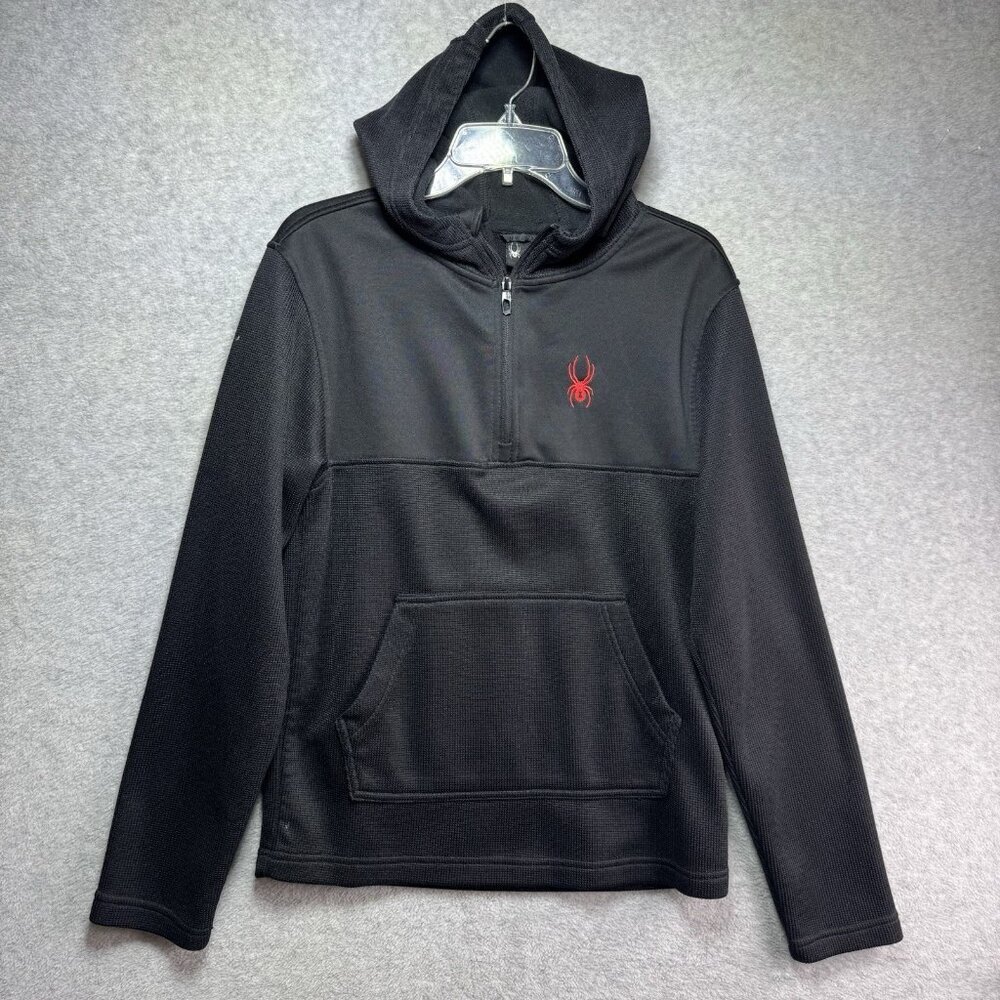 Spyder Fleece Hoodie Jacket Mens Small Black Textured 1/4 Zip Pullover Sweater